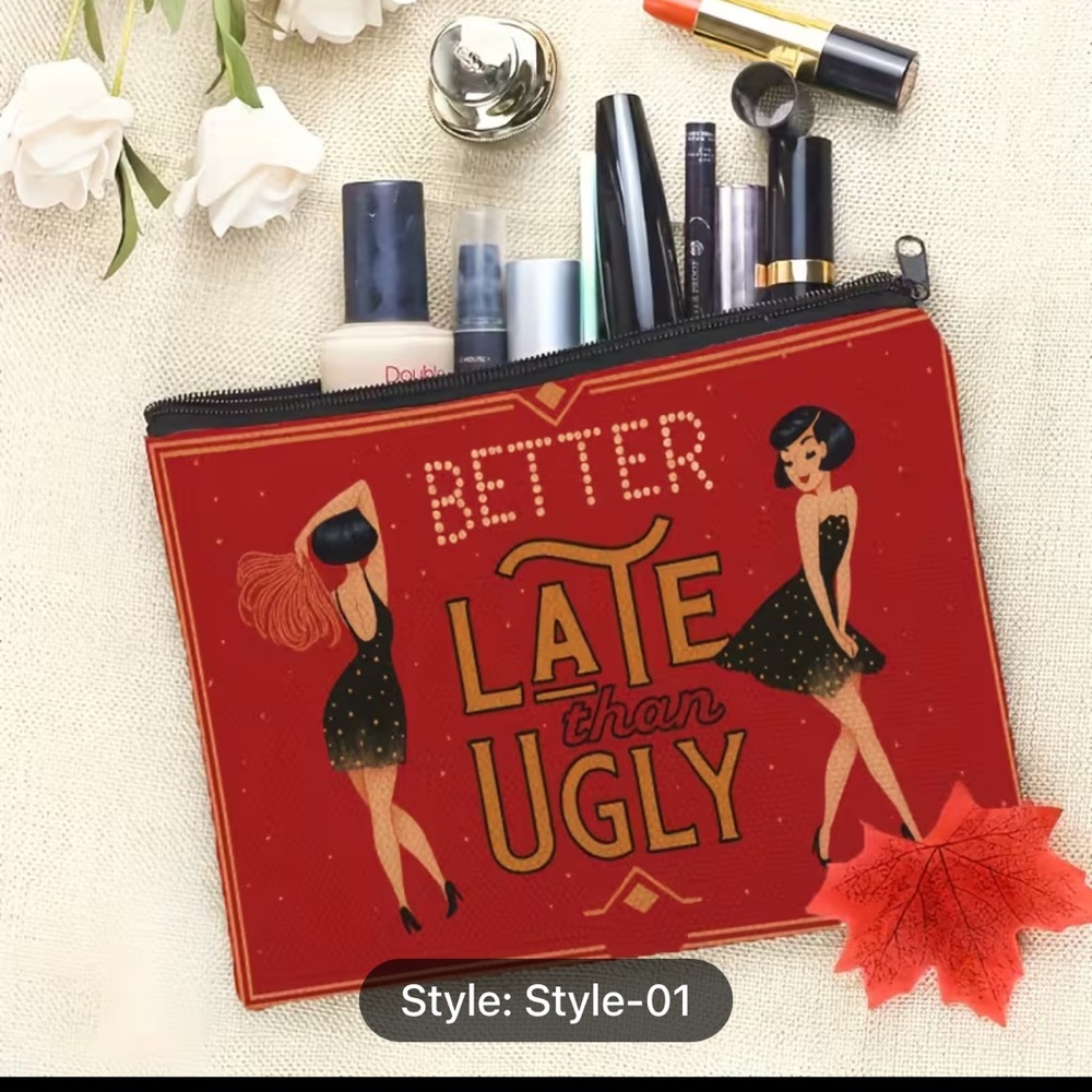 Cosmetic Bag “Better Late Than Ugly” Red Makeup Zippered Pouch - Picture 4 of 4